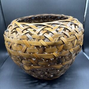 Large Vintage Asian Hand Woven Bamboo Natural Wood Basket 10.5" Tall